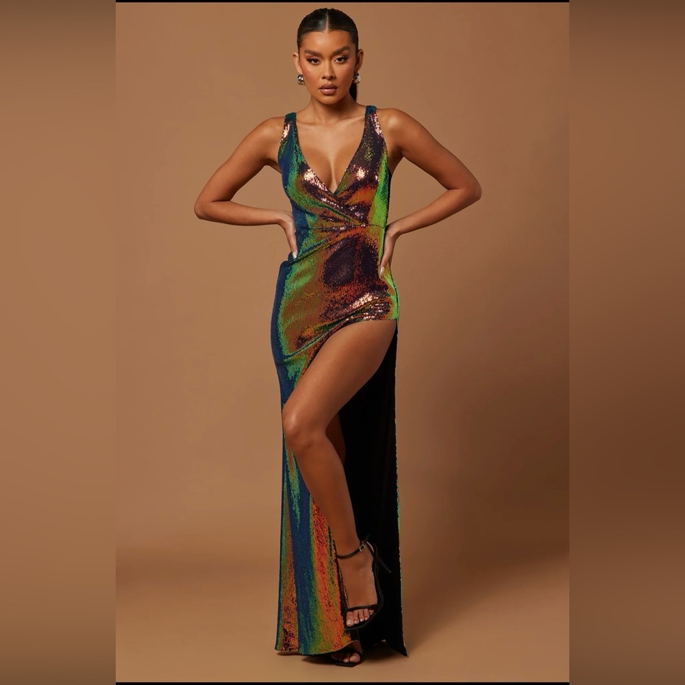 High slit bronze dress